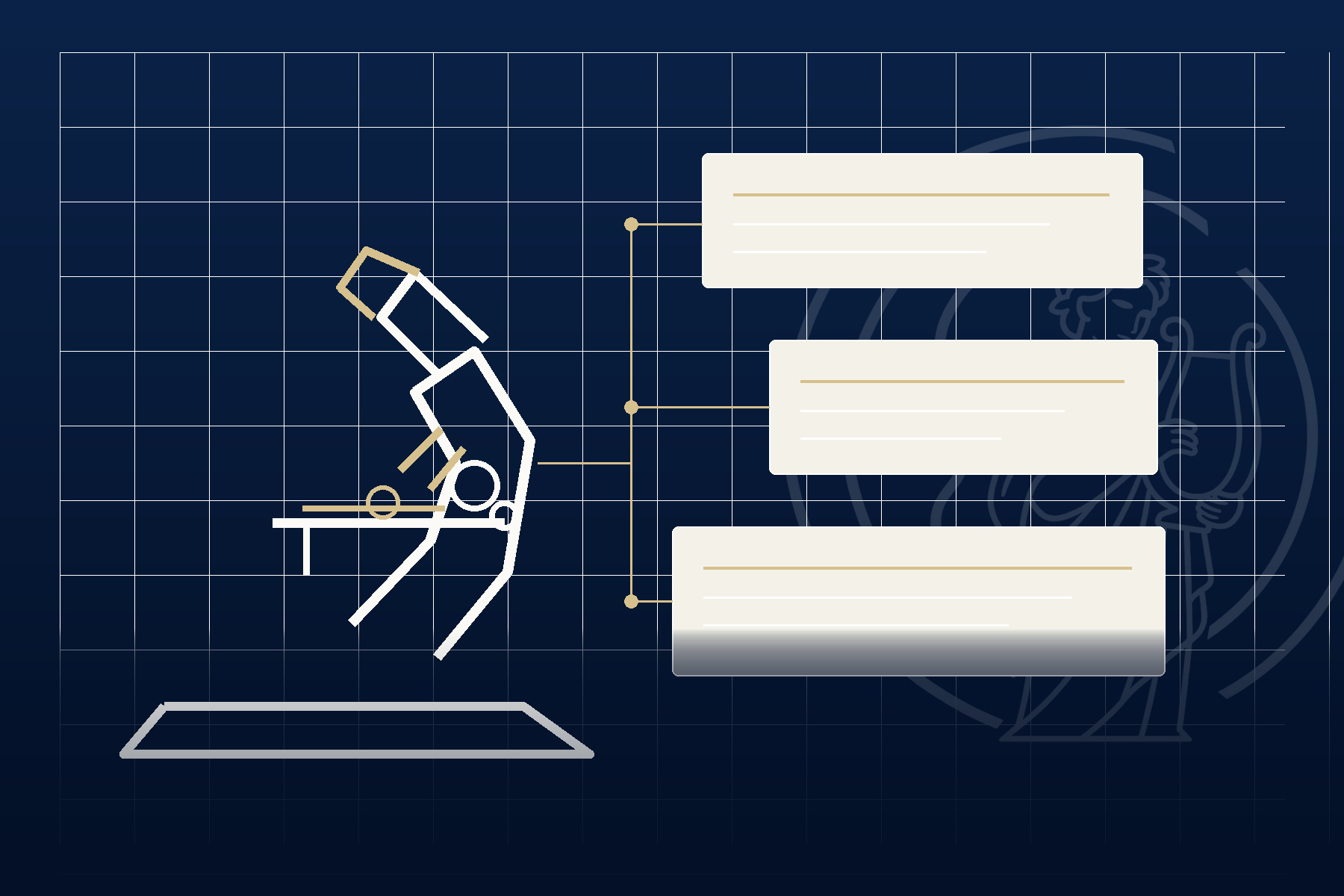 Vector illustration of a microscope connected to evidence and data workflow panels